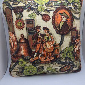 Vintage Colonial Style Tapestry Scenic Pillow Cushion Replica 12"×12"